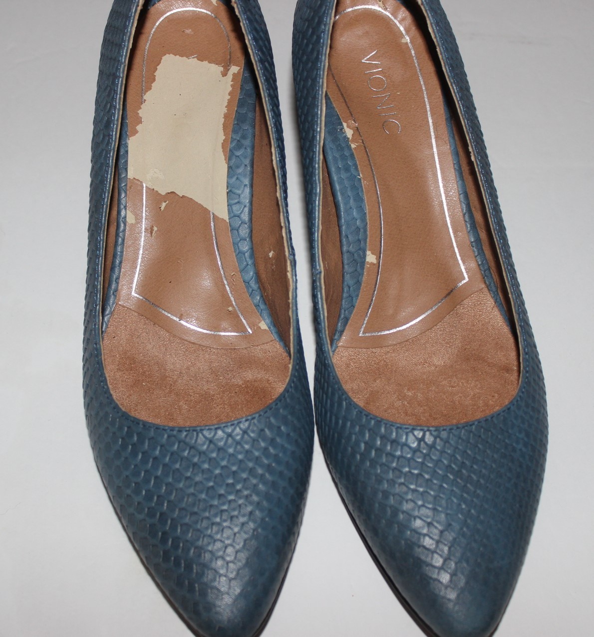 Women’s VIONIC Madison Mia Block Pump Heels Blue Snake Print Leather Shoes Sz 7