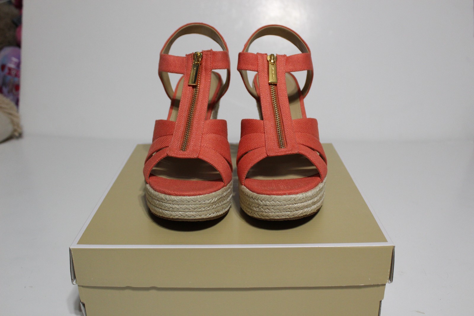 Michael Kors Berkley Womens 10 M Espadrille Pink Canvas Front Zip Wedge Sandal