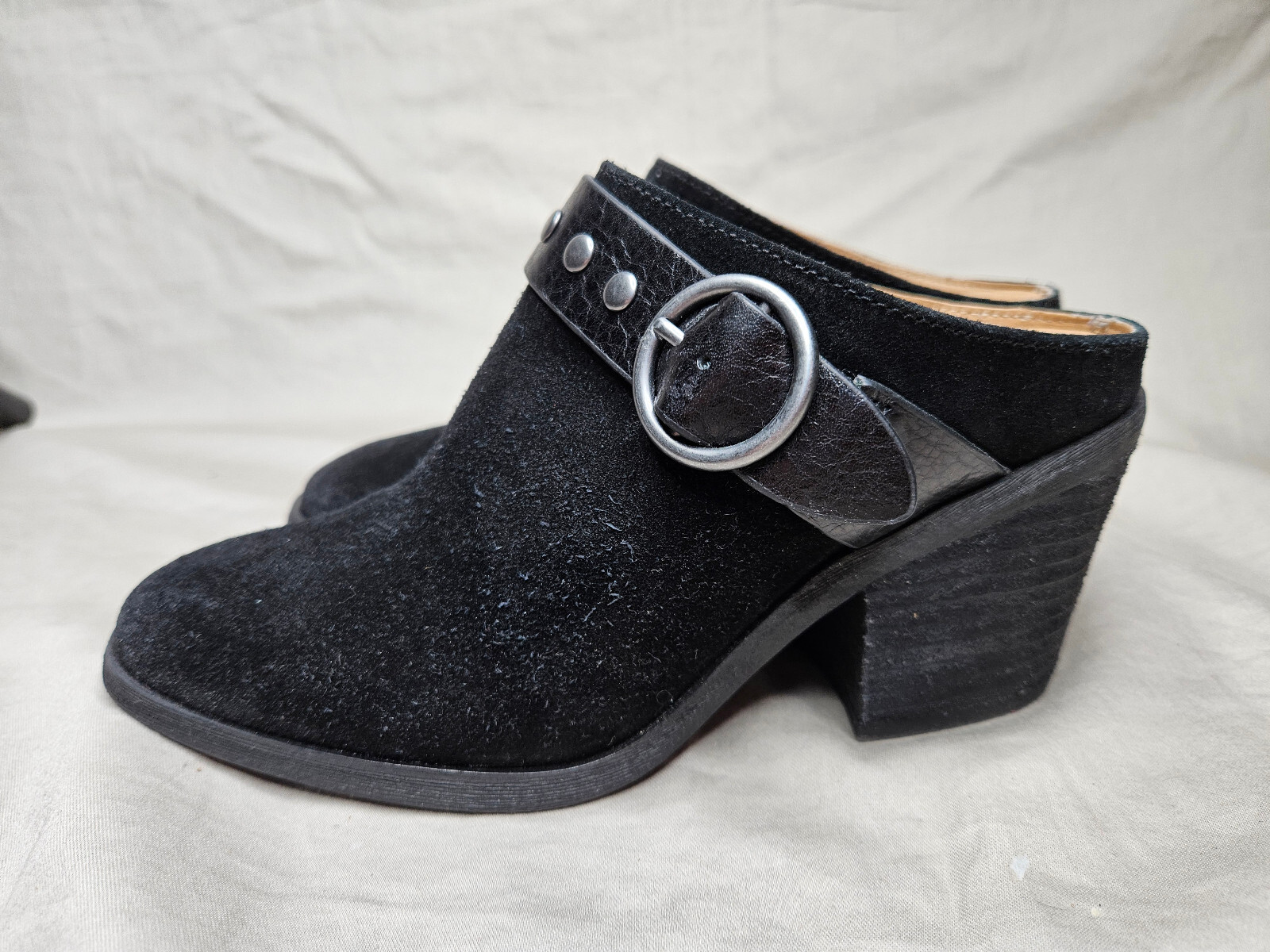 Sofft Mules Slides Womens 6 Black Leather Suede Buckle Studded Strap Block Heels