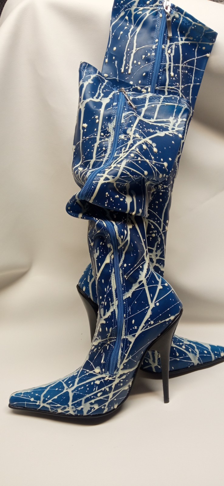 Handmade rubber boots knee high blue and female heel 12cm – size 43