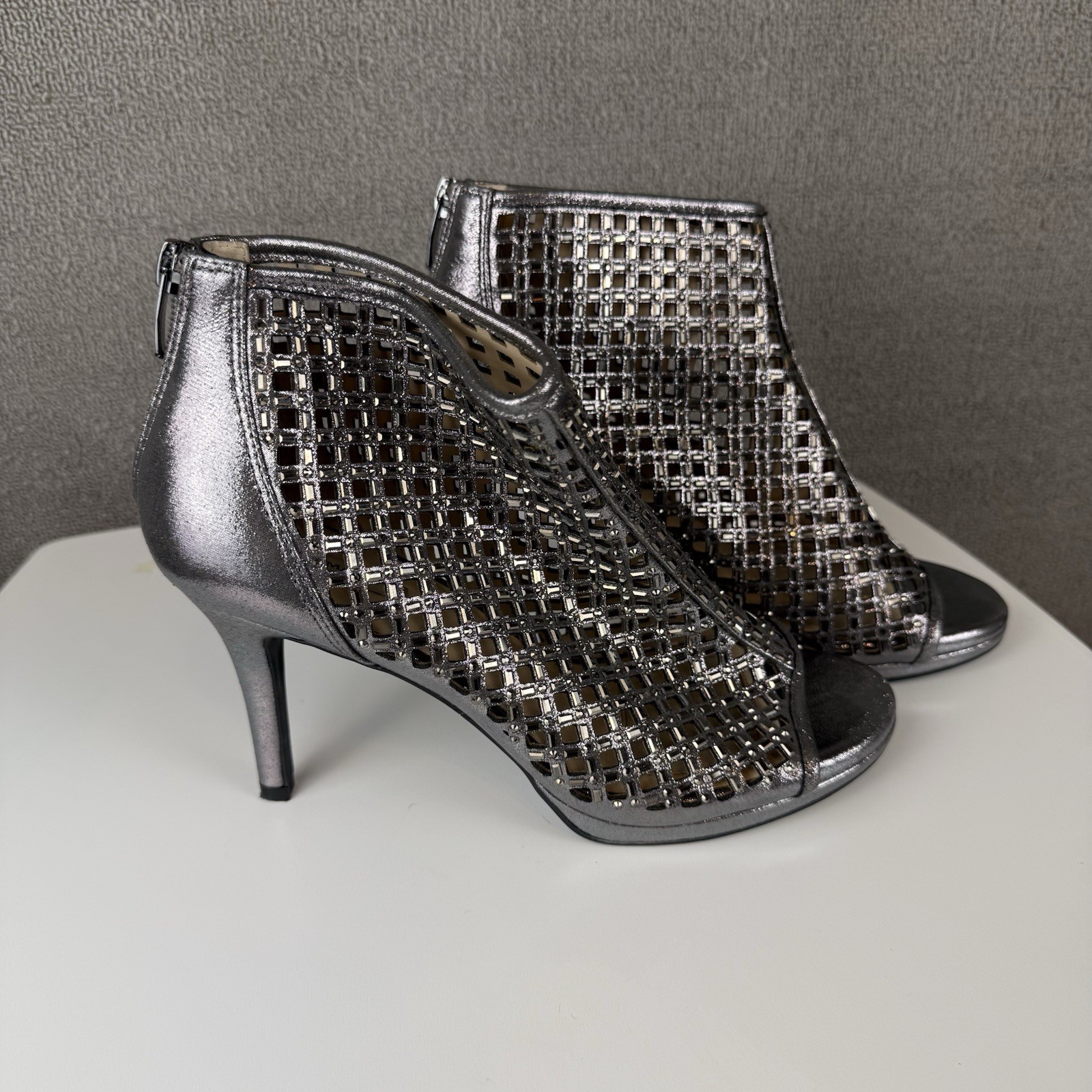 Alex Marie Silver Rhinestone Peep-Toe Stiletto Booties Wedding Party Glam Sz 8M~
