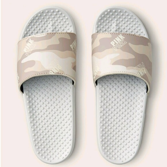VICTORIA’S SECRET PINK LOGO WHITE CAMO SLIDES SANDALS BEACH SHOWER SHOES S M L