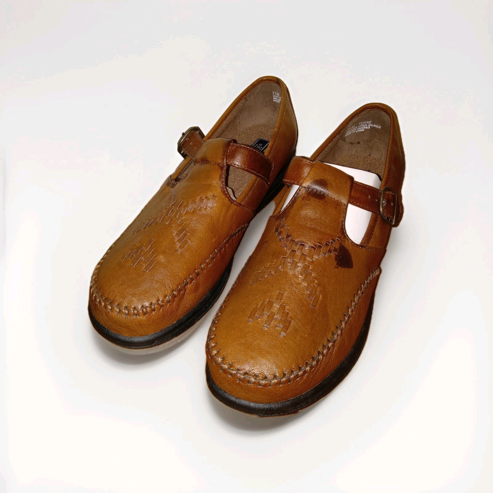 Vtg Sonoma Mary Jane Loafers Womens 11 Brown Woven Leather Buckle Preppy Boho