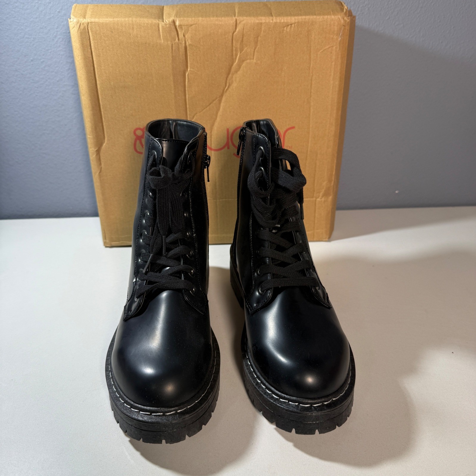 Sugar Kaedy Combat Boots Womens 7.5W Black New Lug Sole Lace Up Side Zip