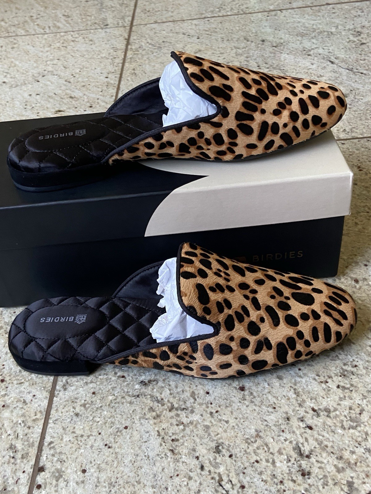 NEW Birdies Quilted Cushioned Calf Hair Animal Print Slip-On mule Tan/Black 7.5