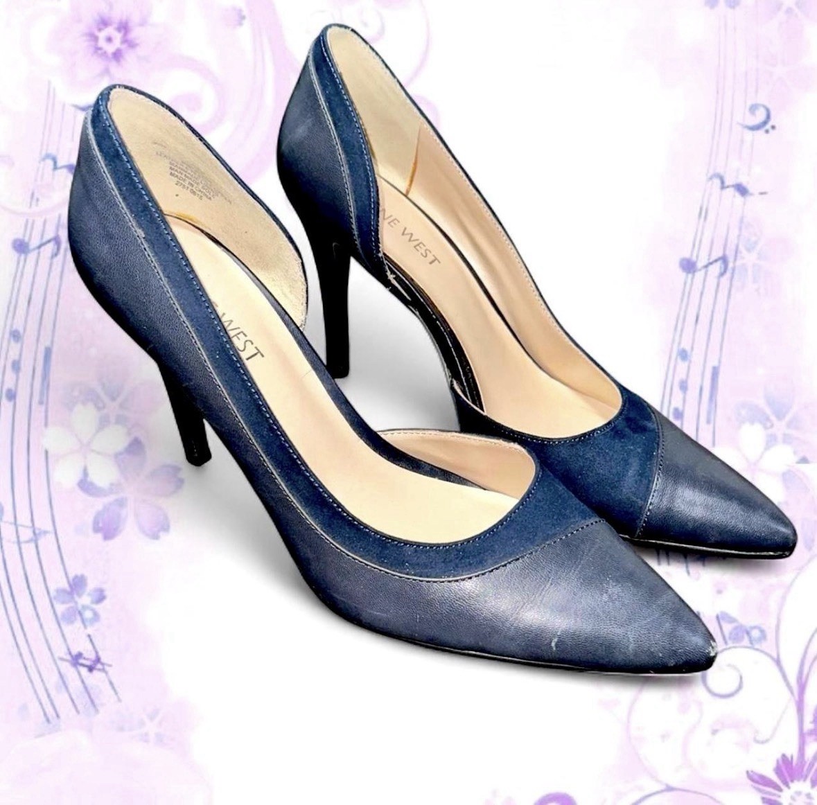 Nine West Size 7.5 Navy Blue Leather & Suede Stiletto Pump
