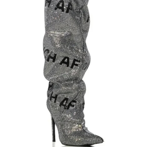 AZALEA WANG «AUTHENTICALLY AF» RHINESTONE KNEE HIGH BOOT IN SILVER Size 11