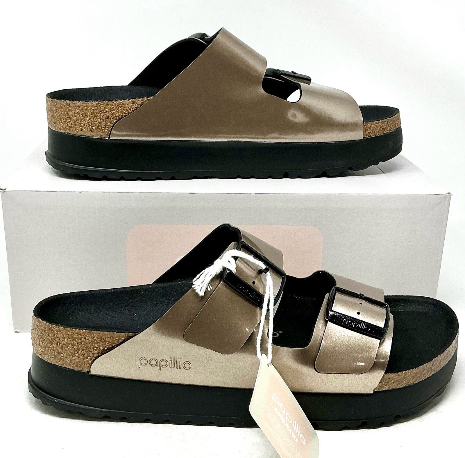 Birkenstock Papillio Arizona Platform Flex Women Sandals Metallic Taupe EU 38