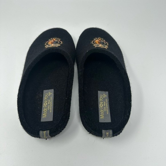 Made For You black Slippers 100% Boiled Wool Embroided Owl Applique Sz 7