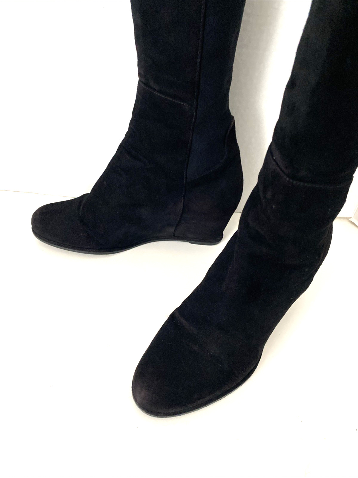 Stuart Weitzman Semi Boot Tall Stretch Back Suede Wedge Round Black OTK 5