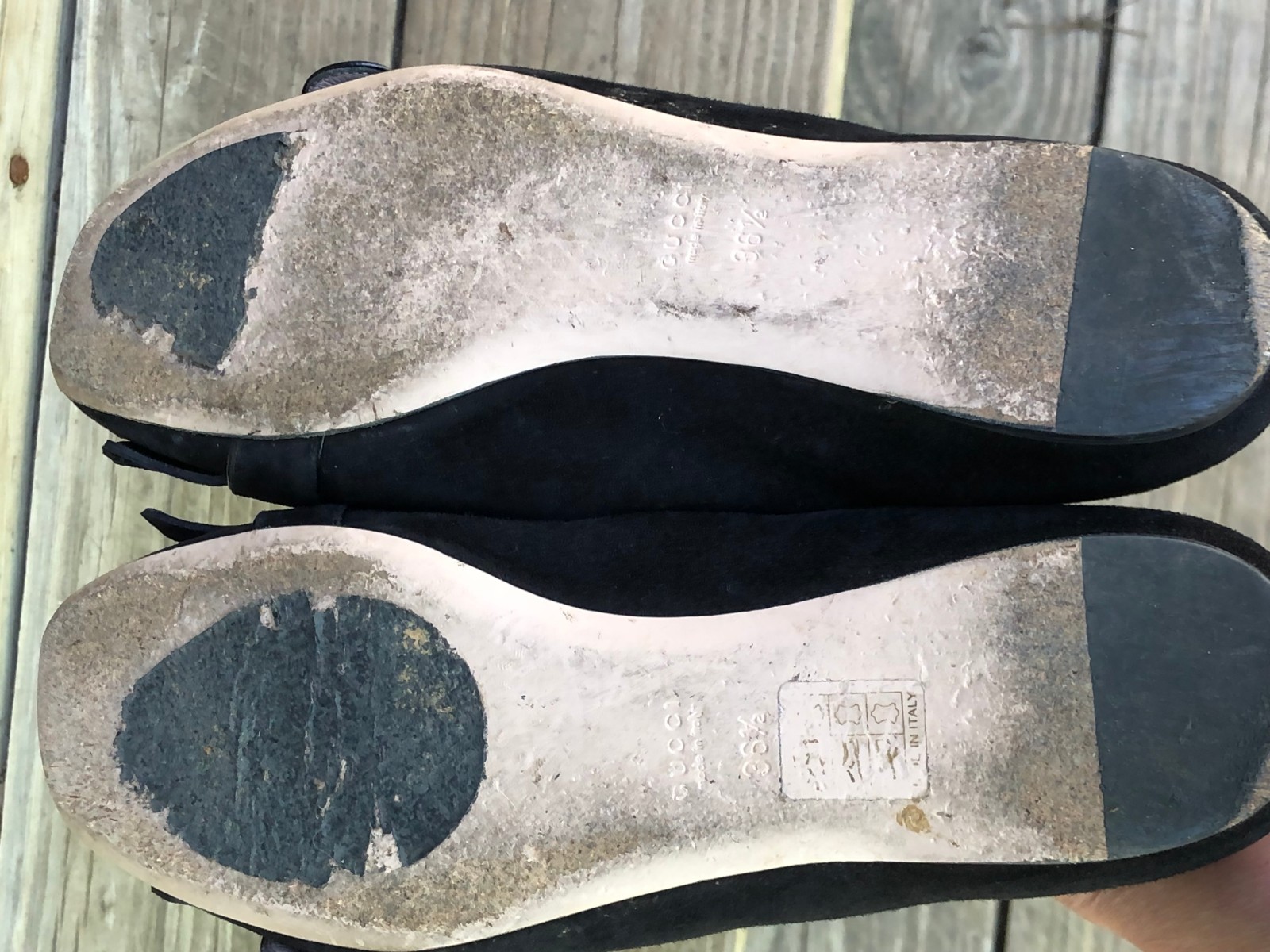 Gucci Black Leather Suede GG Marmont Fringe Ballet Flats Loafers Size 36.5-6.5
