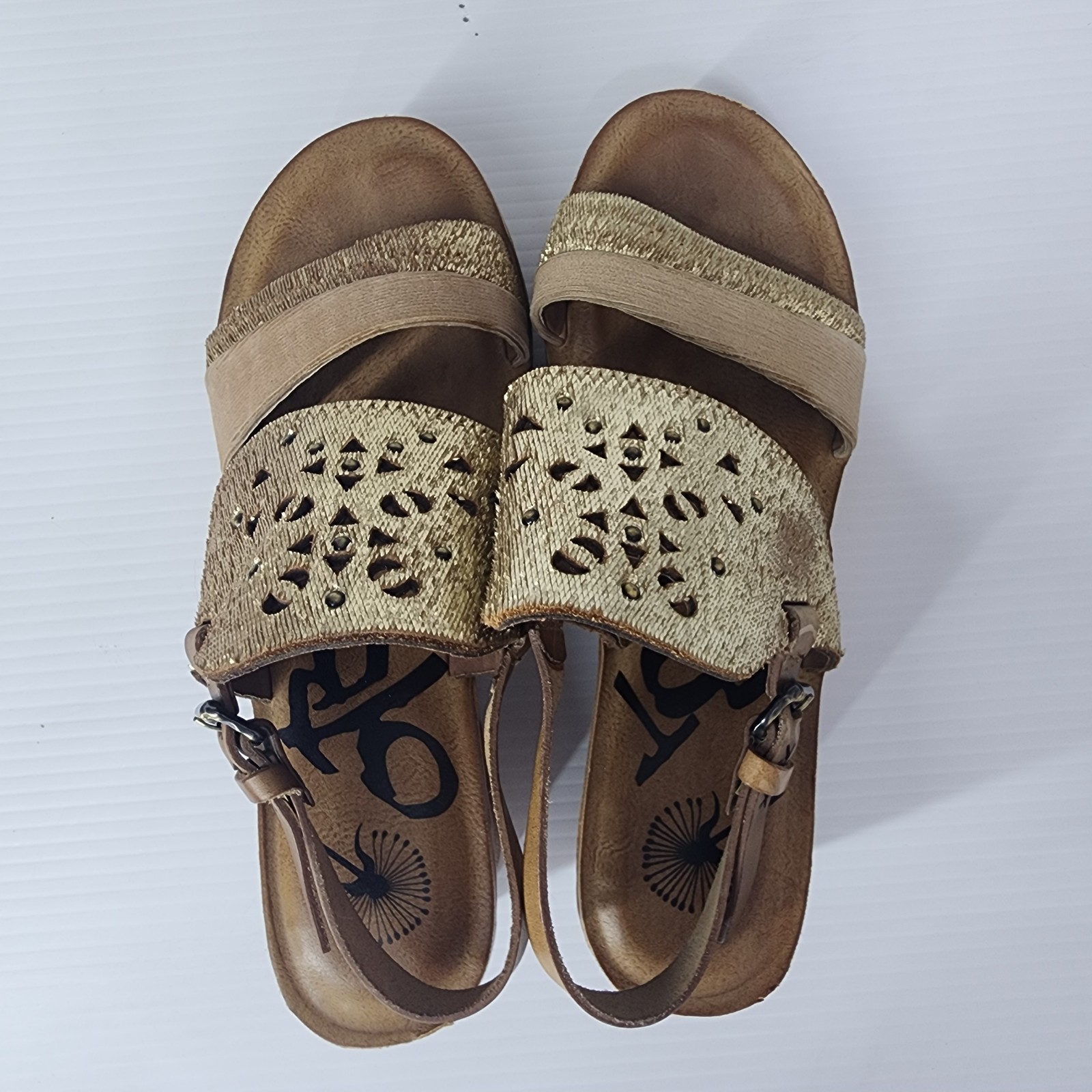 OTBT Womens 9 Gold Brown Leather Ankle Strap Hippie Platform Wedge Sandals