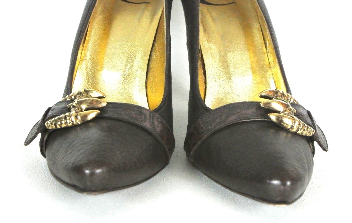 Just Cavalli Brown high Heel pumps 9.5 Gold Buckle Made In Italy Pointy toe*1008