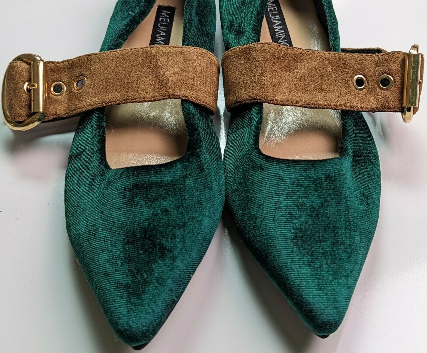 MEIJIAMINGNV Emerald Green Fabric Mary Jane Flats Brown Strap Size 230 US 6