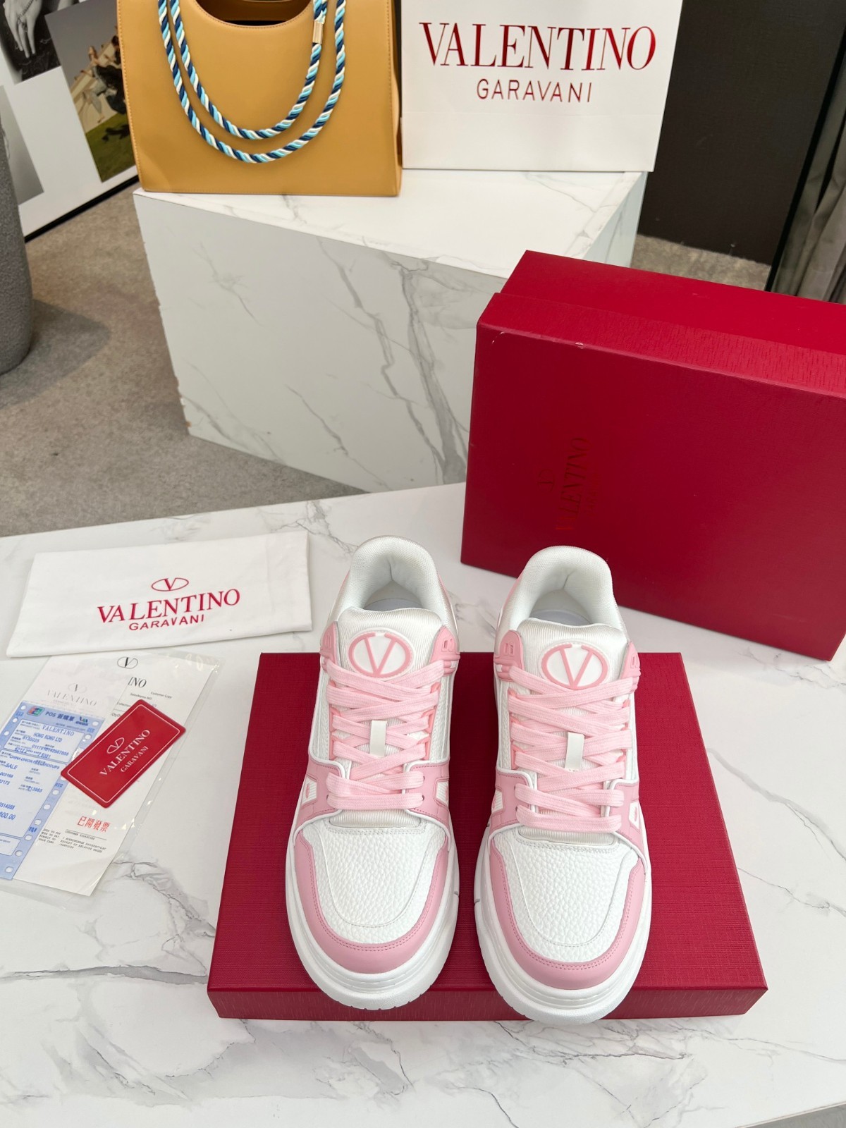 Valentino Garavani Pink White Leather Low Top Sneakers Casual Shoes New.