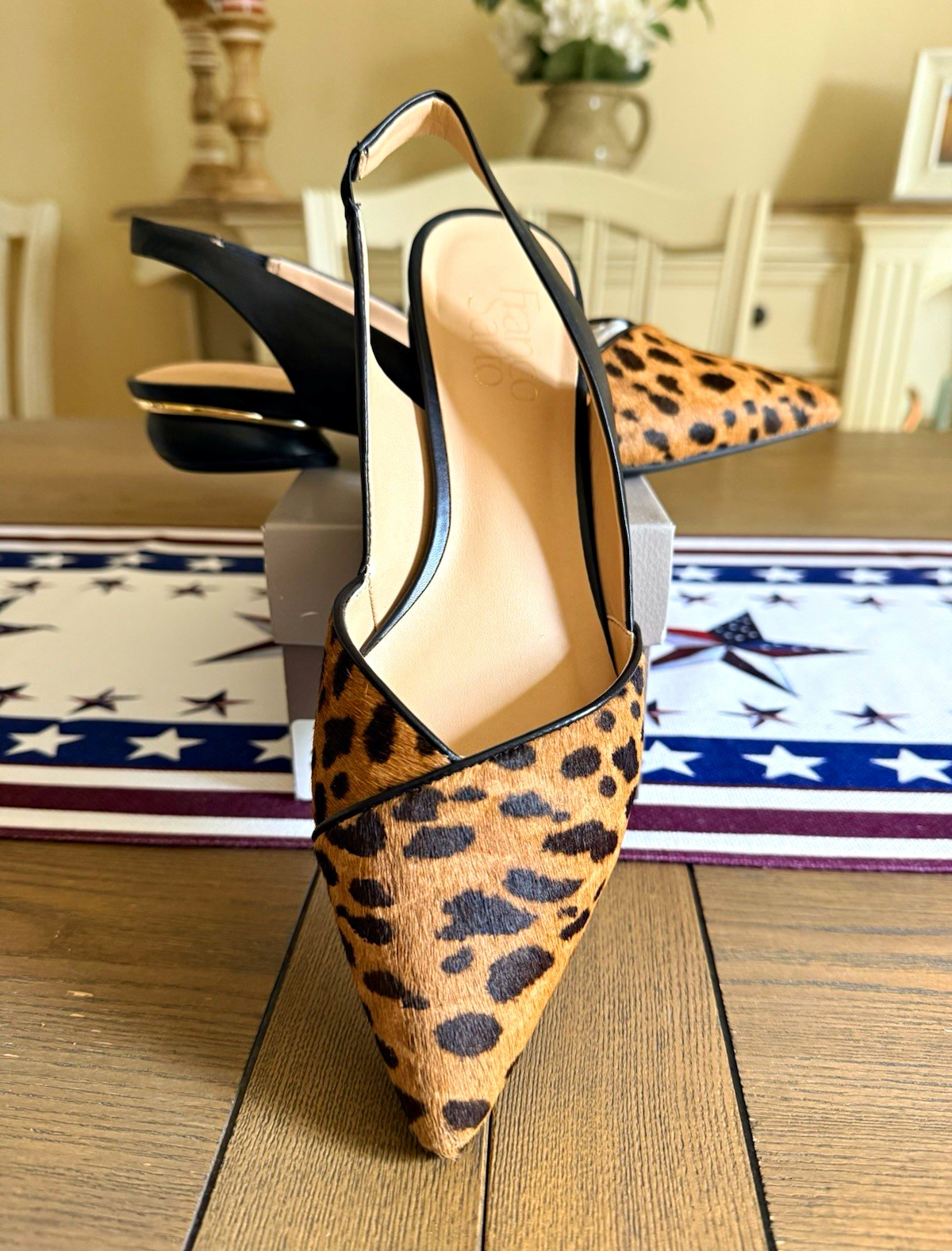 Franco Sarto Women’s Leather Animal Print Pointed Toe Slingback Heels 7.5M