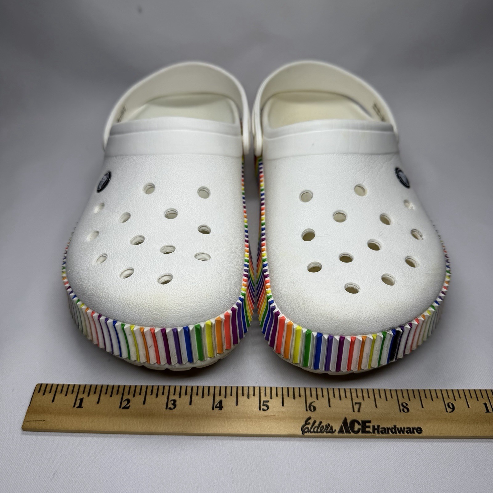 Crocs Classic Clog Shoes Womens 11 Mens 9 White Rainbow Pride Band Slip On