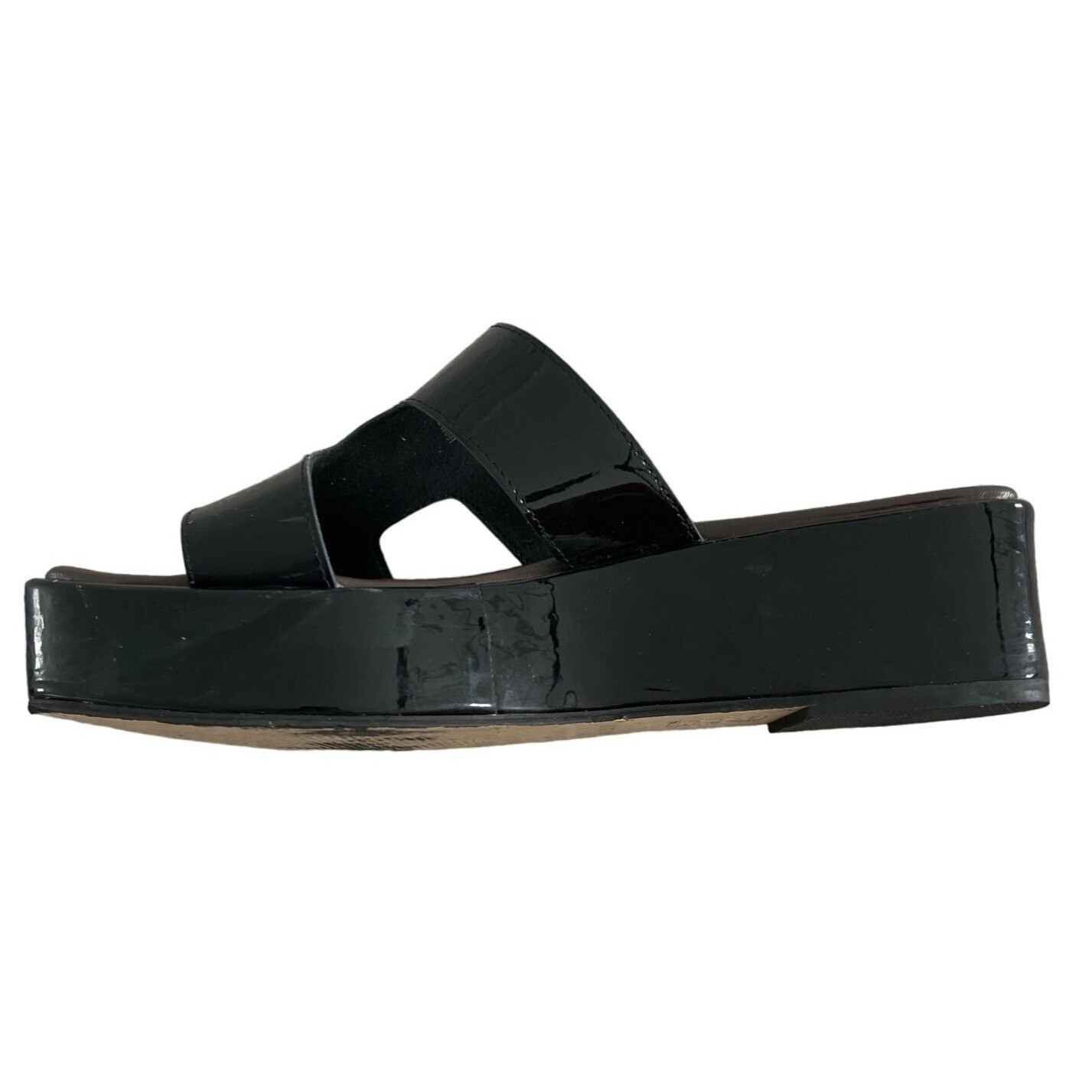 ALL BLACK FOOTWEAR Blunt T Wedge Sandals Black Patent Leather Womens 40 9-9.5 $1