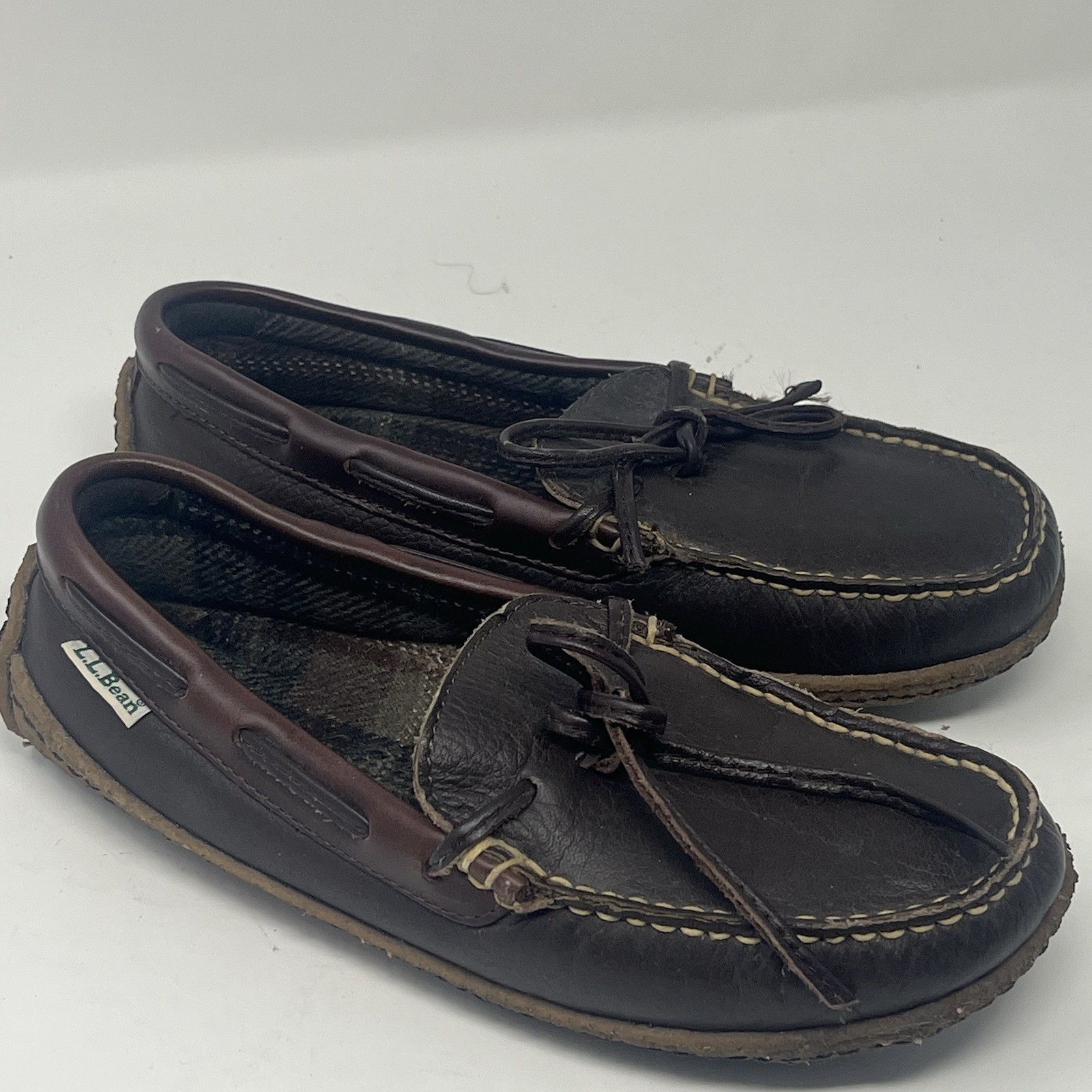 L.L.Bean Handsewn Flannel-Lined Women’s Sz 5 Brown Leather Slippers Moccasin