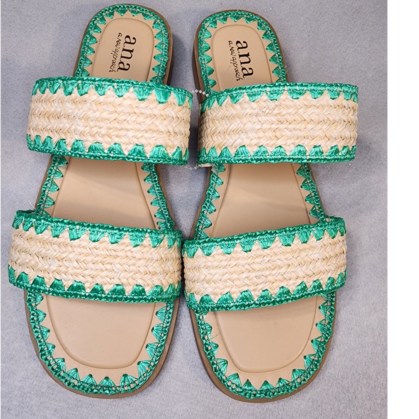 a.n.a Danish Slide Sandals Womens 8.5 Green New Woven Straw Bohemian Slip On