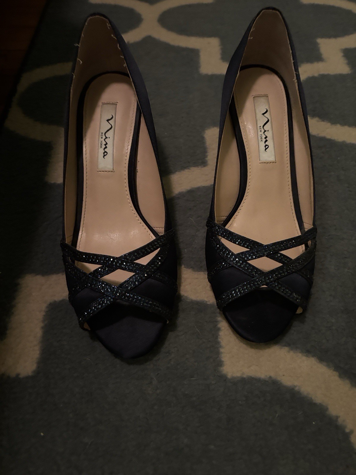 Nina Women’s Navy Satin Peep Toe Stiletto Pumps Glitter Slip-On US 8 M