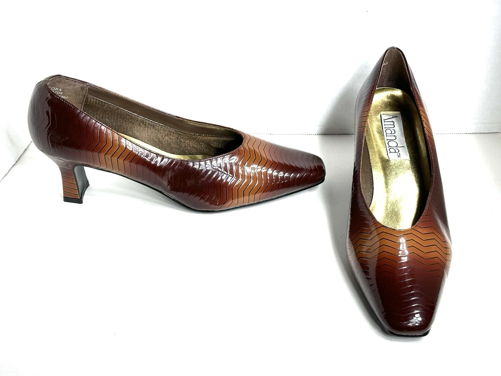 Vintage Tortoiseshell Heels Brown Patent Leather Chevron AMANDA Size 11 US NEW!!