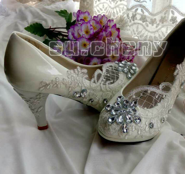 su.cheny- Lace white ivory crystal flats low high heel pump Wedding Bridal shoes