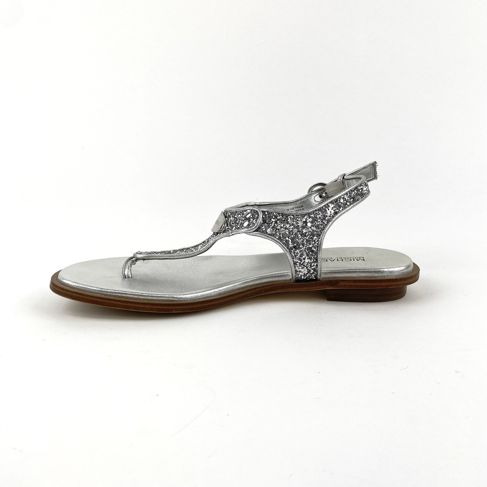 Michael Kors MK Plate Silver Glitter Thong Ankle Strap Sandals Women’s Size 6.5M