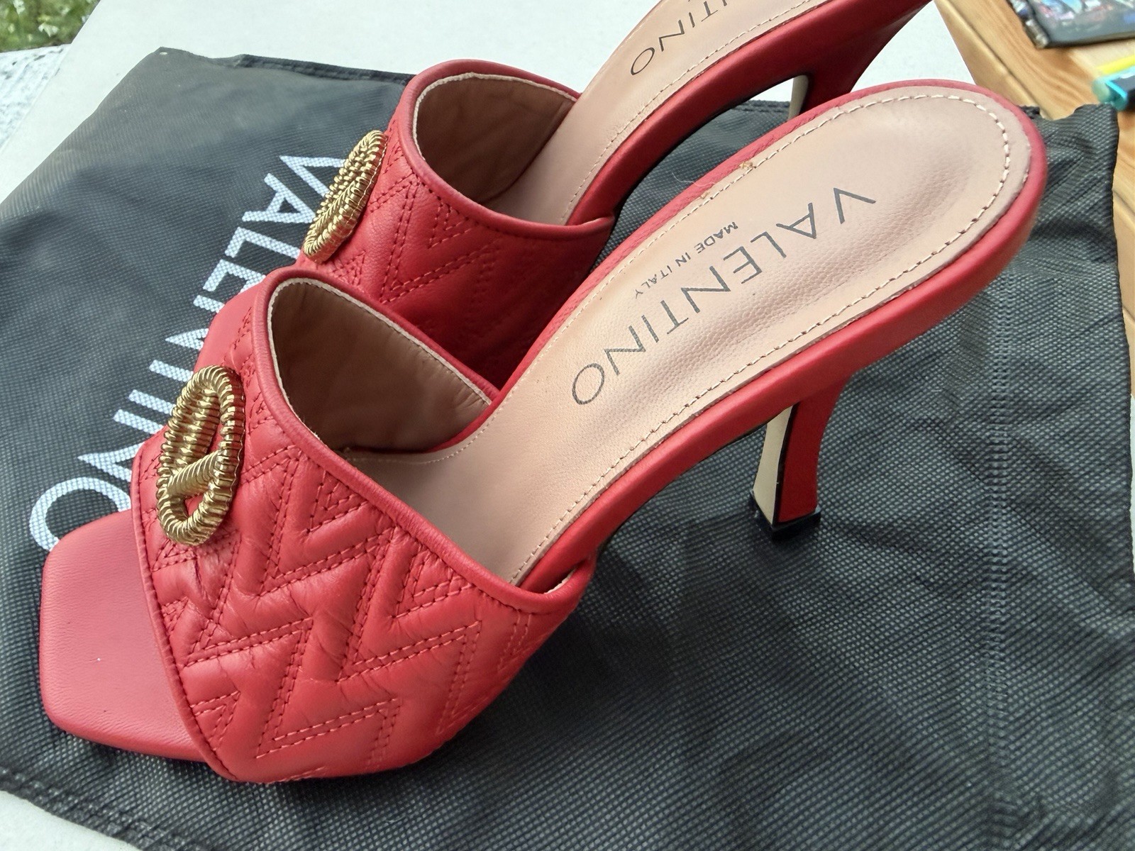 Valentino Women’s Red Quilted Faux Leather Square Toe Mule Slip-On Heels, US 8