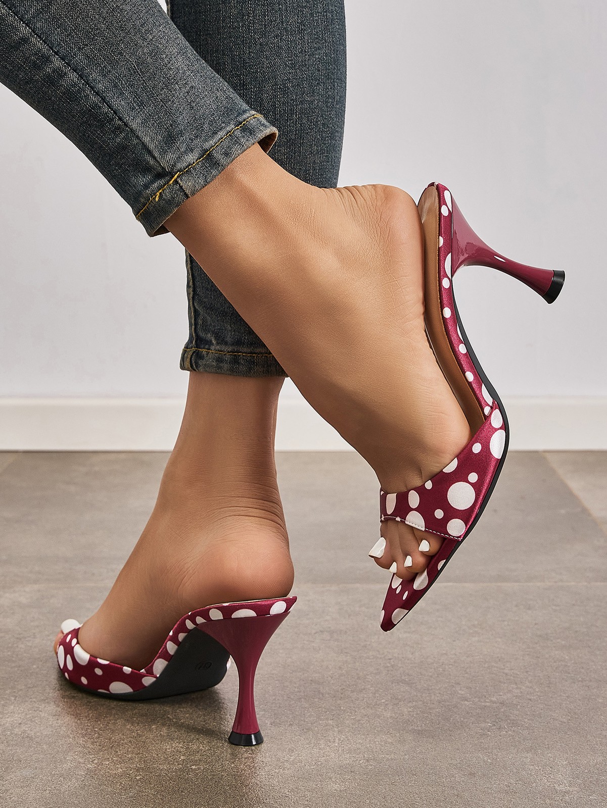 Women Sexy Leather Mid Heels Pointy Open Toe Polka Dot Sandals Shoes Slipper New