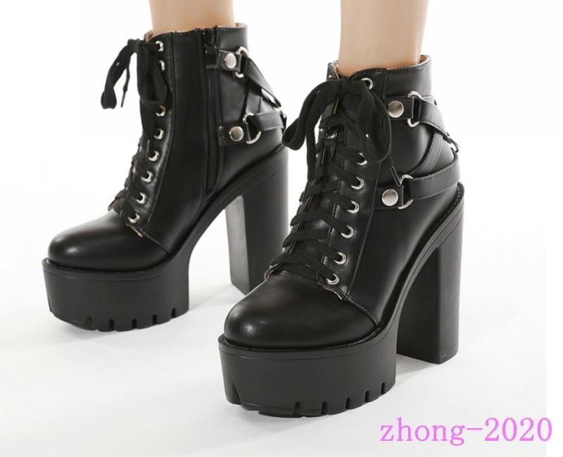 Women’s Casual Party Punk Dress Ankle Boots High Block Heels Lace Up Zip Shoes