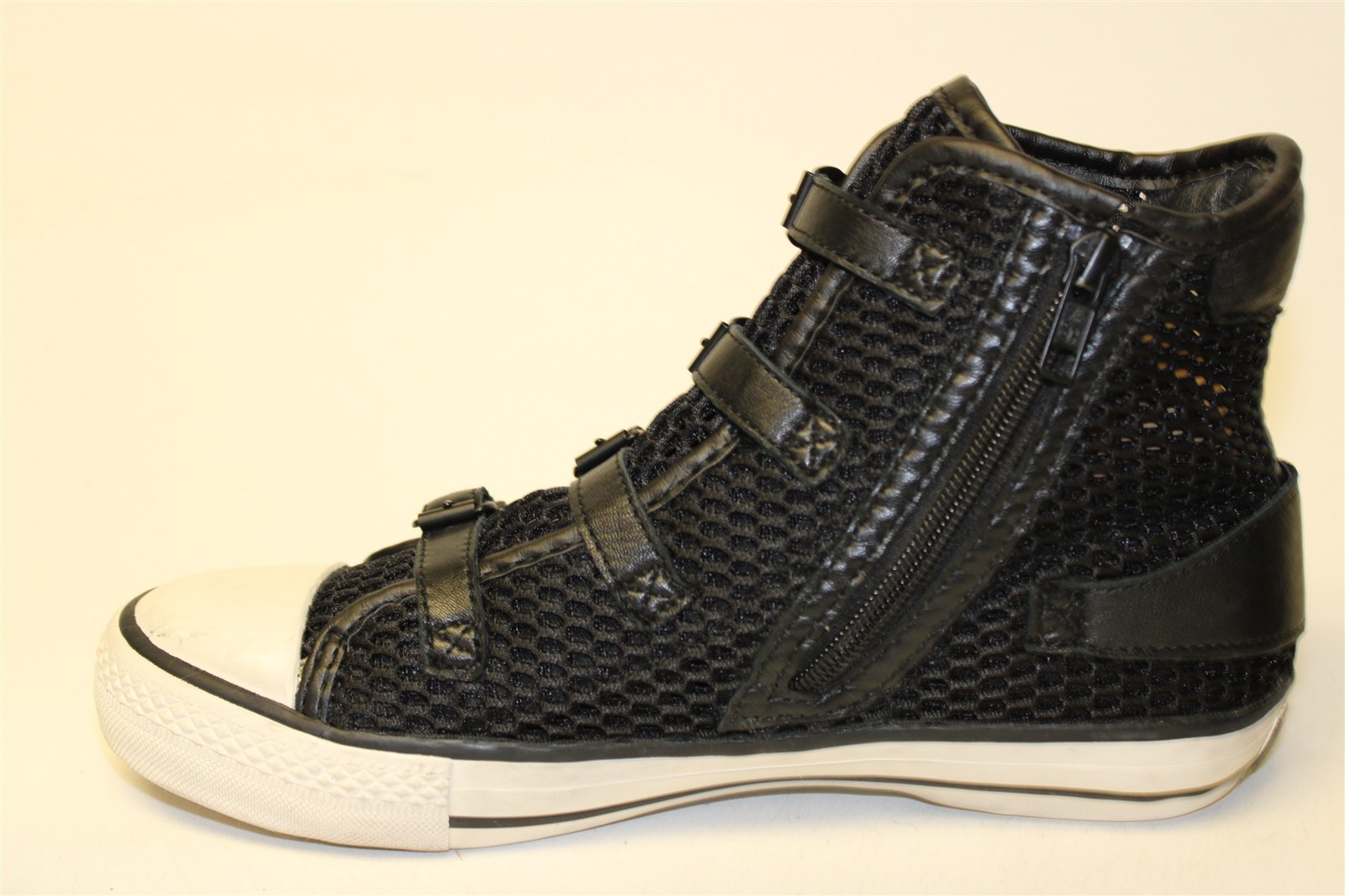 ASH Vanessa High Top Sneaker Women Size 7 38 Black Mesh Buckled Fashion Shoes