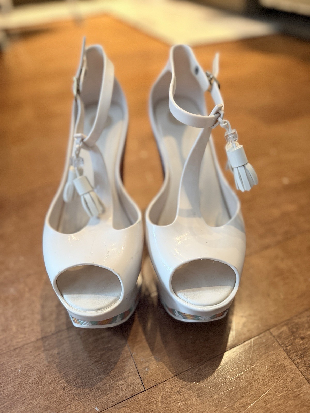 Melissa White Patent Peep-Toe Platform Heels with Tassel Ankle Strap size 9
