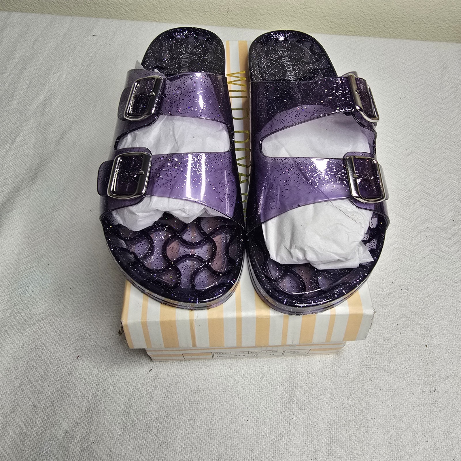 Wild Diva Purple Glitter Double Buckle Adjustable Strap Slide Sandals Women’s