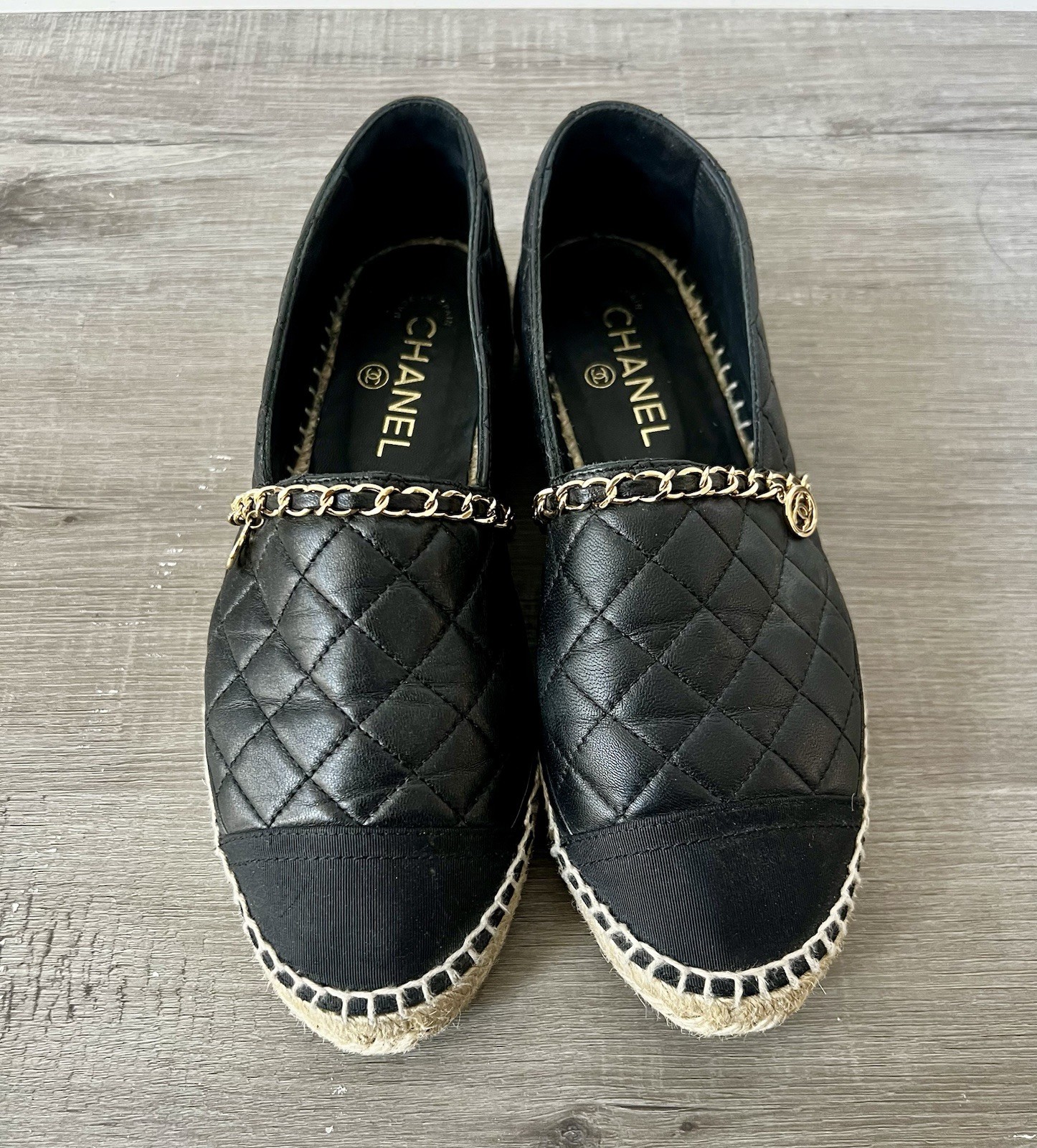 Chanel Black Lambskin/Grosgrain Quilted CC Chain Espadrilles sz 39
