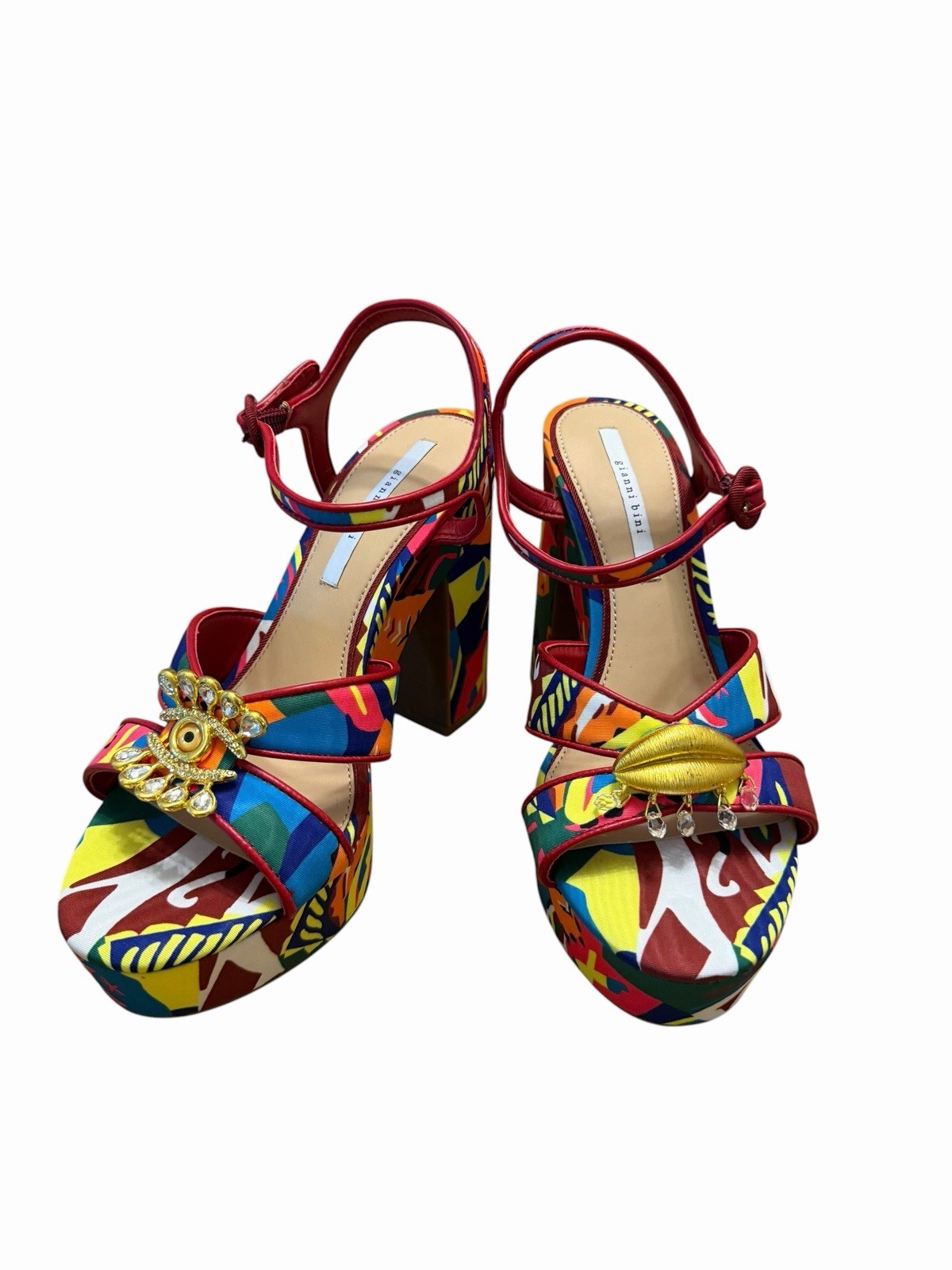 Colorful Platform Heels Eye Lips Embellished Block Heel Sandals Women’s 10M
