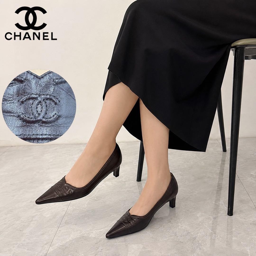 CHANEL Leather Pointed Toe Pumps Size 37.5C Dark Brown Classic Design