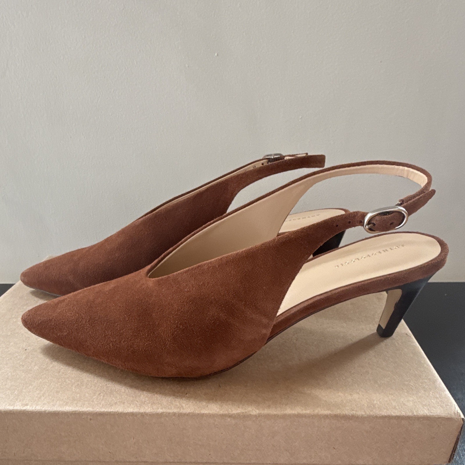 Anthropologie Brown Suede Pointed Toe Slingback Buckle Heels 6.5W