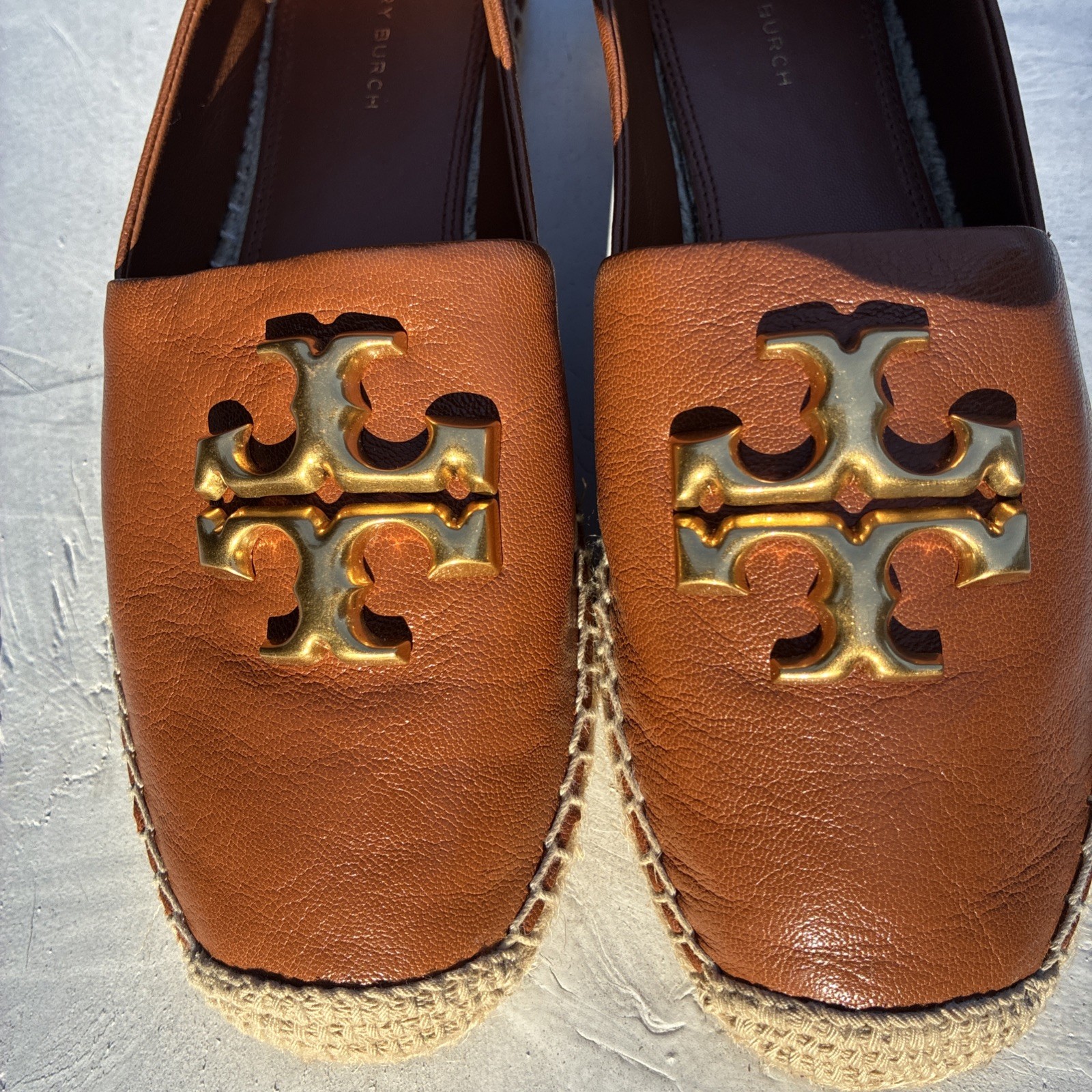 Tory Burch Eleanor Espadrille Flats Women’s 8.5 Brown Calf Leather Gold Logo