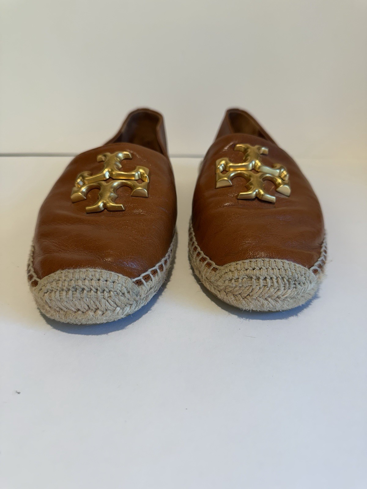 Tory Burch Eleanor Calf Leather Espadrille Flats Bourbon Gold Size 10 Box