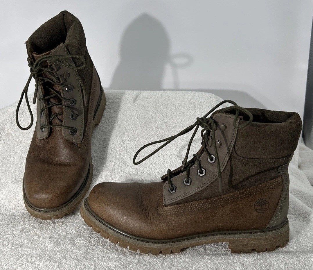 Timberland 6″ Premium Womens Size 9 Brown Gray Leather Suede Boots A19C2 GUC