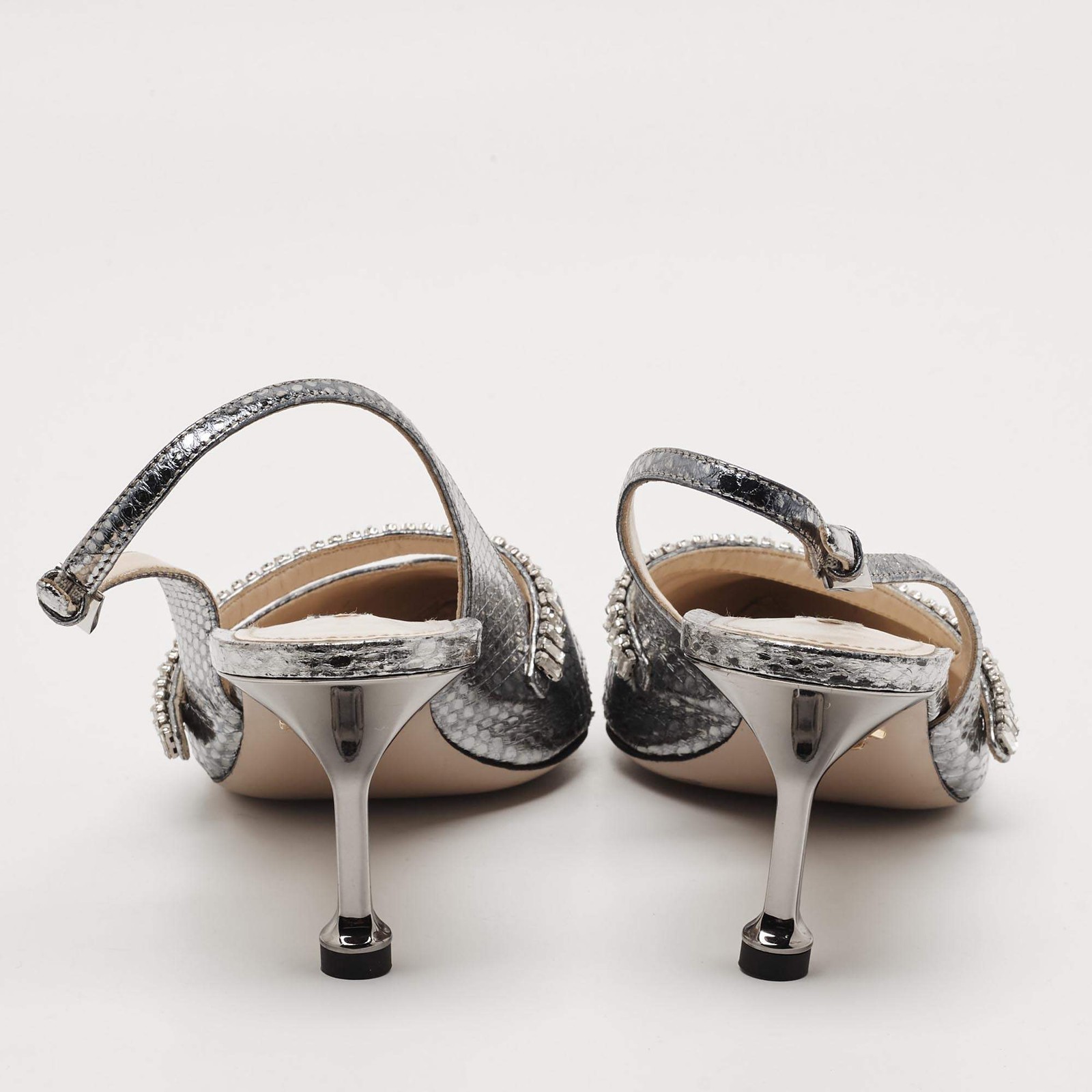 Prada Size 39 Metallic Silver Snakeskin Embossed Leather Crystal Embellished
