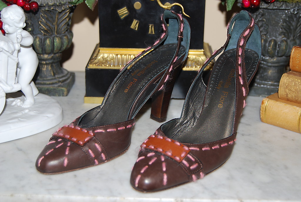 ISABELLA FIORE ITALY BROWN LEATHER WOOL TRIM WOMEN’S SLING BACK HEEL SHOES S 7 M