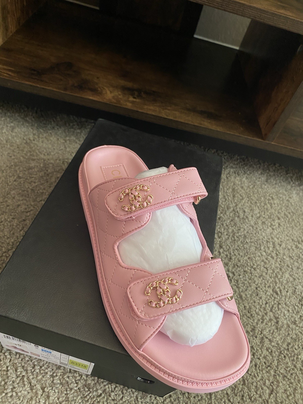 CHANEL Pink Quilted Logo Leather Slide Sandals Womens US 8 EU 39