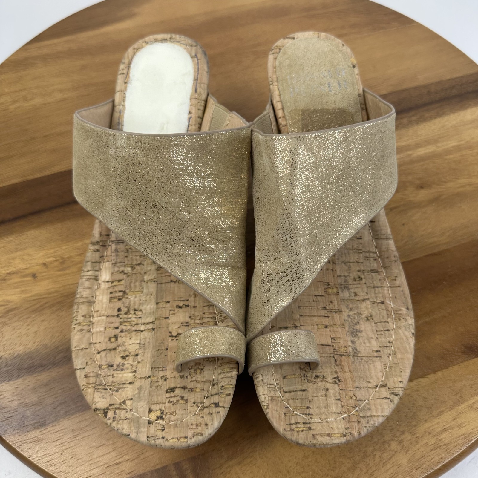Womens Donald Pliner Gyer Beige Leather Cork Platform Wedge Sandals Size 8 M GUC