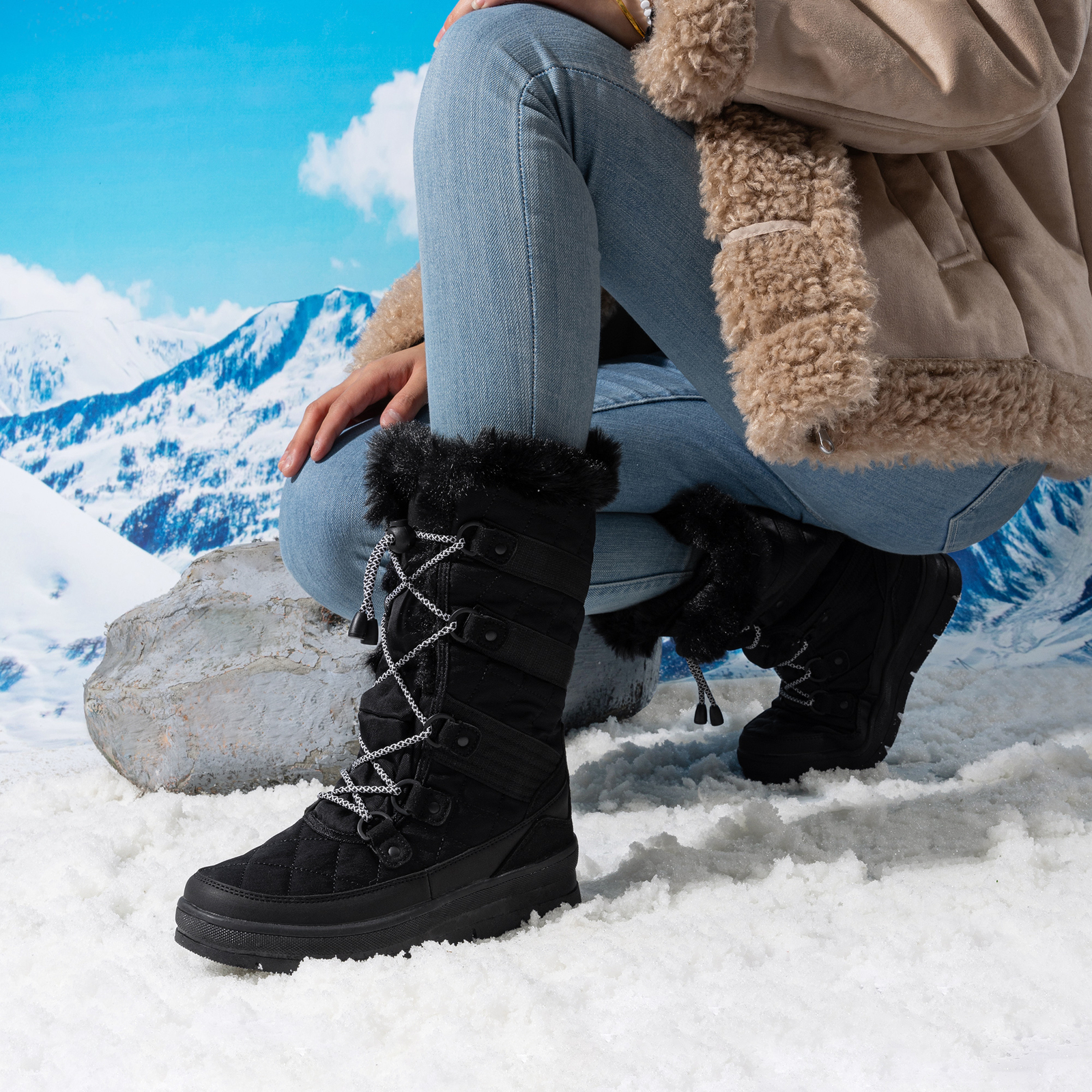 Women’s Snow Boots Soft Warm Fur Lined Lace up Mid Calf Outdoor Indoor Ski Boots