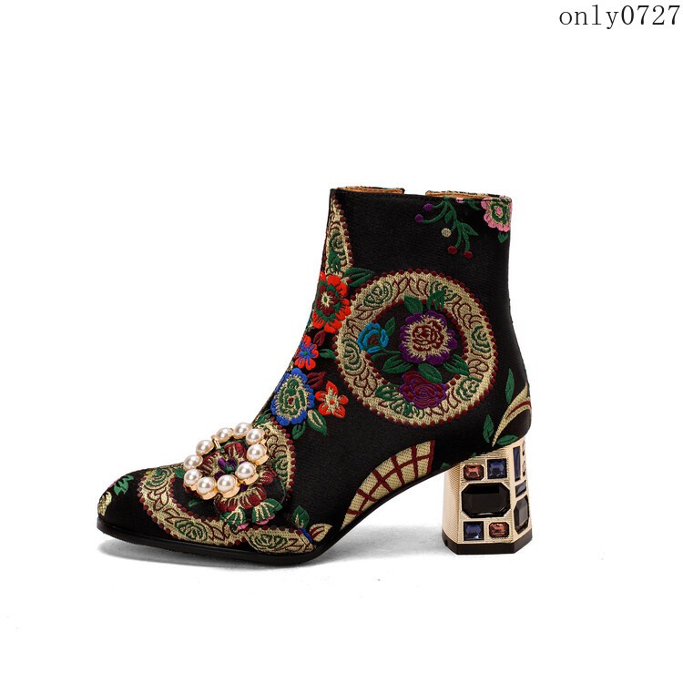 Women’s Ankle Boots Rhinestone Mid Chunky Heel Side Zip Embroidered Shoes Hot