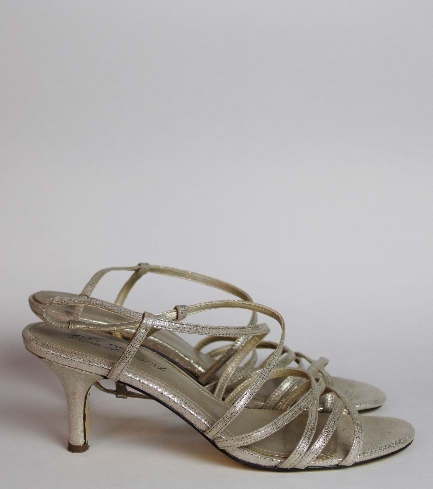 Lulu Townsend Shimmer Fabric Strappy Heels Open Toe Leather Outsole Size 9/39