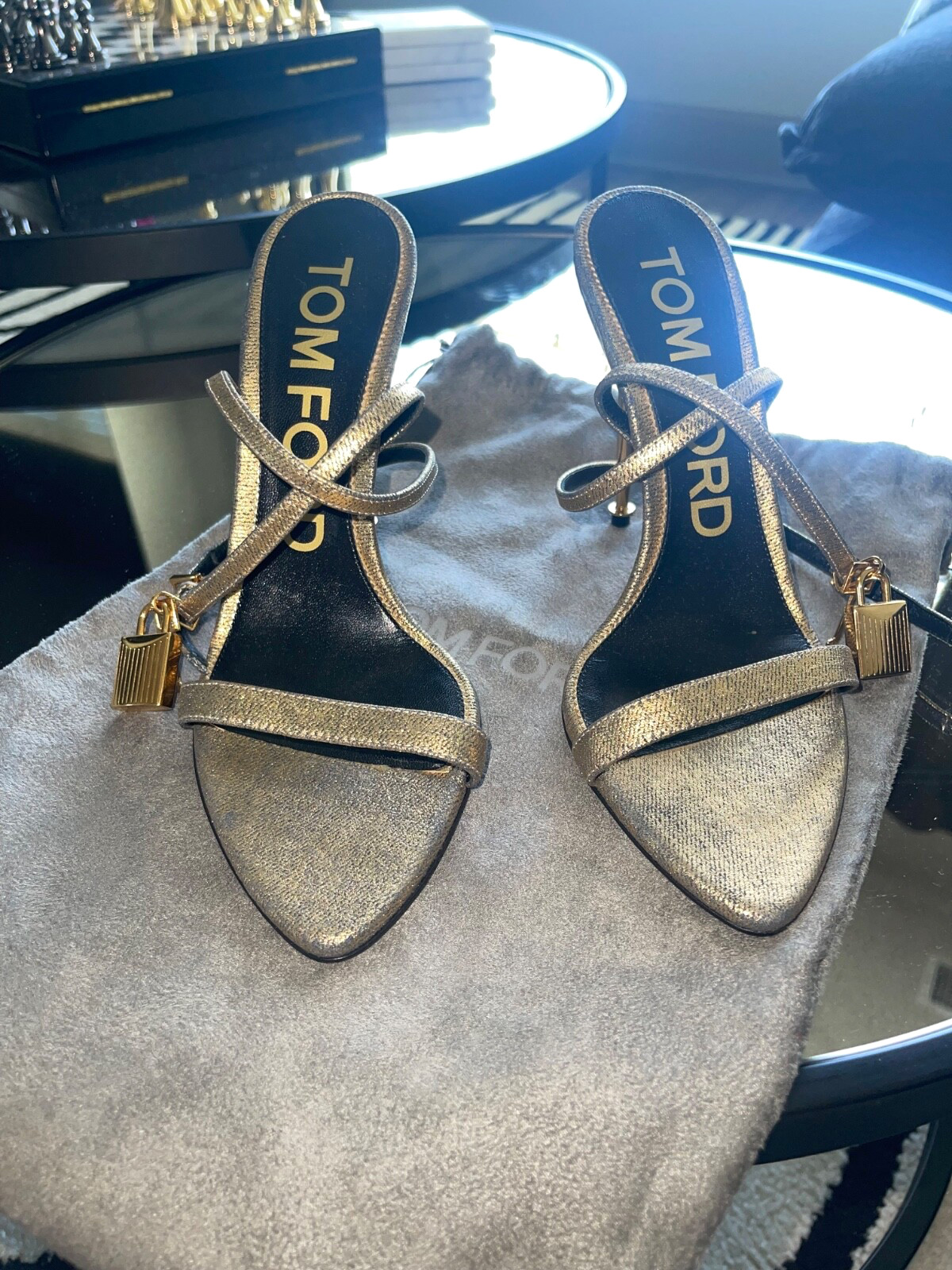 100% Authentic Tom Ford Demin Gold Metallic Padlock Heels Size 38 NEVER WORN