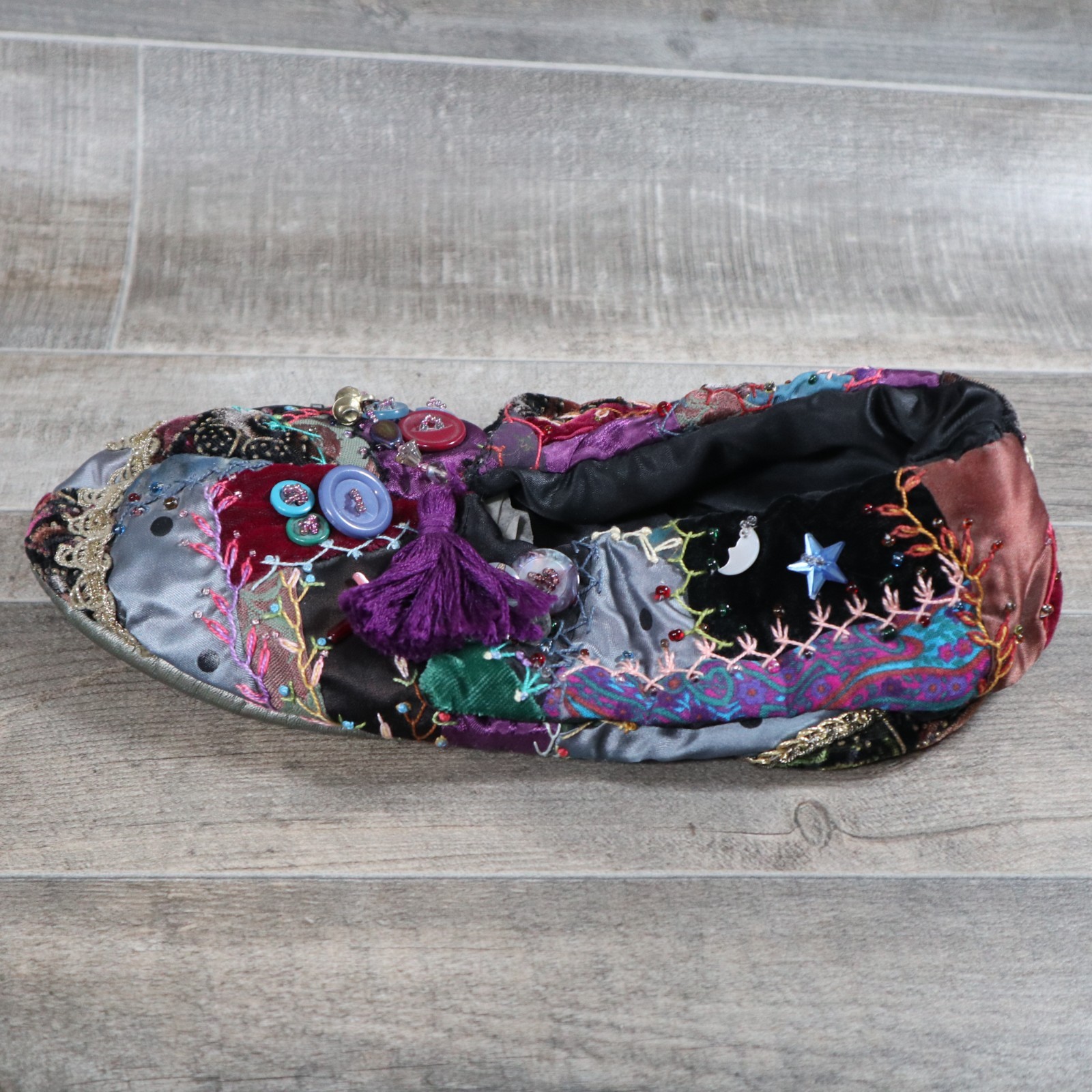 Hand Made Crazy Quilting Patchwork Style Slippers Boho Chic Embellishments Cozy